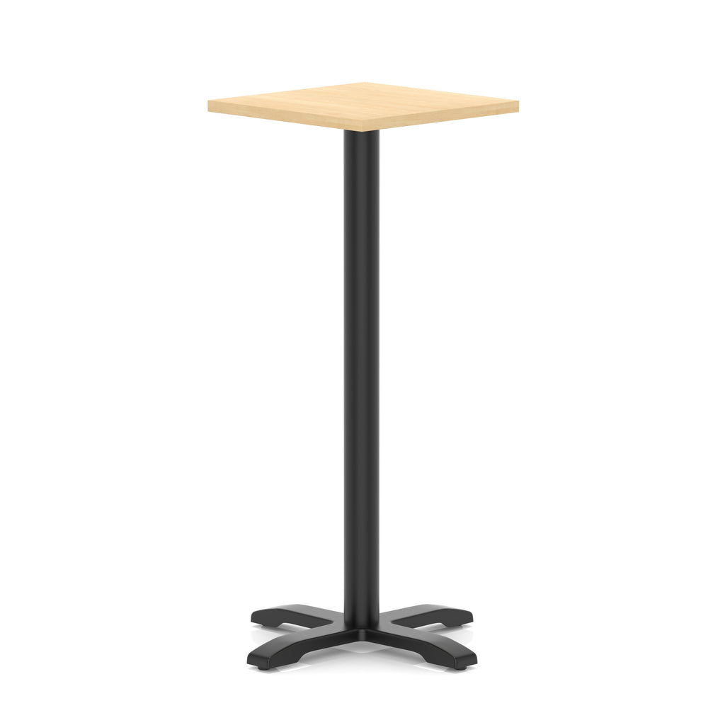 Square high table with wood-effect top and black metal base on a white background