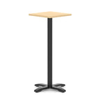 Square high table with wood-effect top and black metal base on a white background