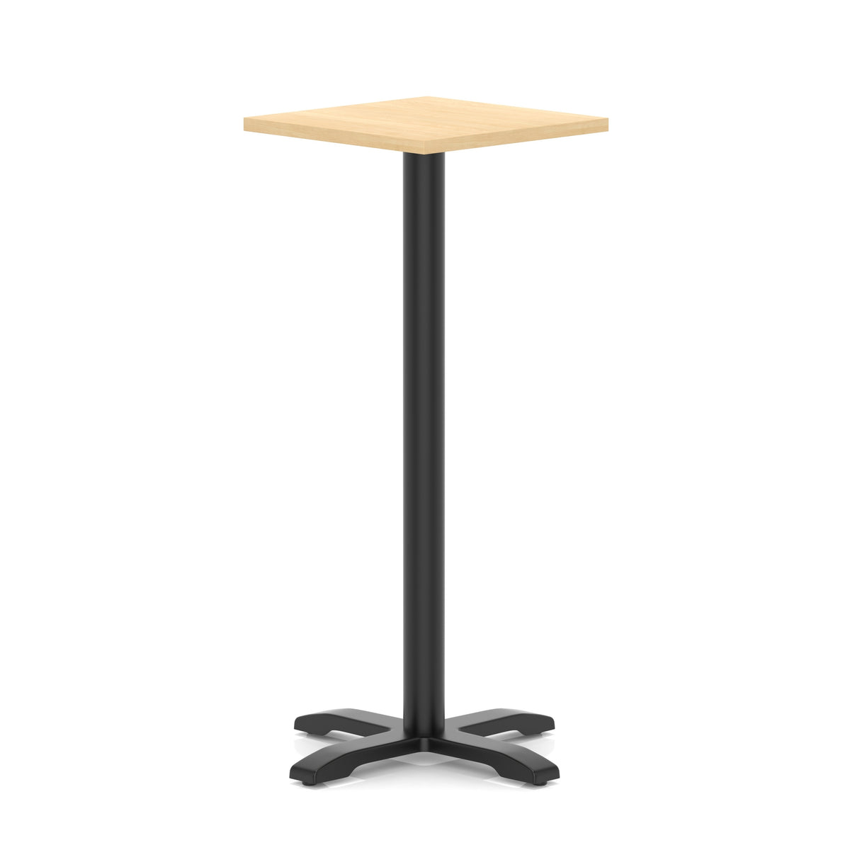 Square high table with wood-effect top and black metal base on a white background