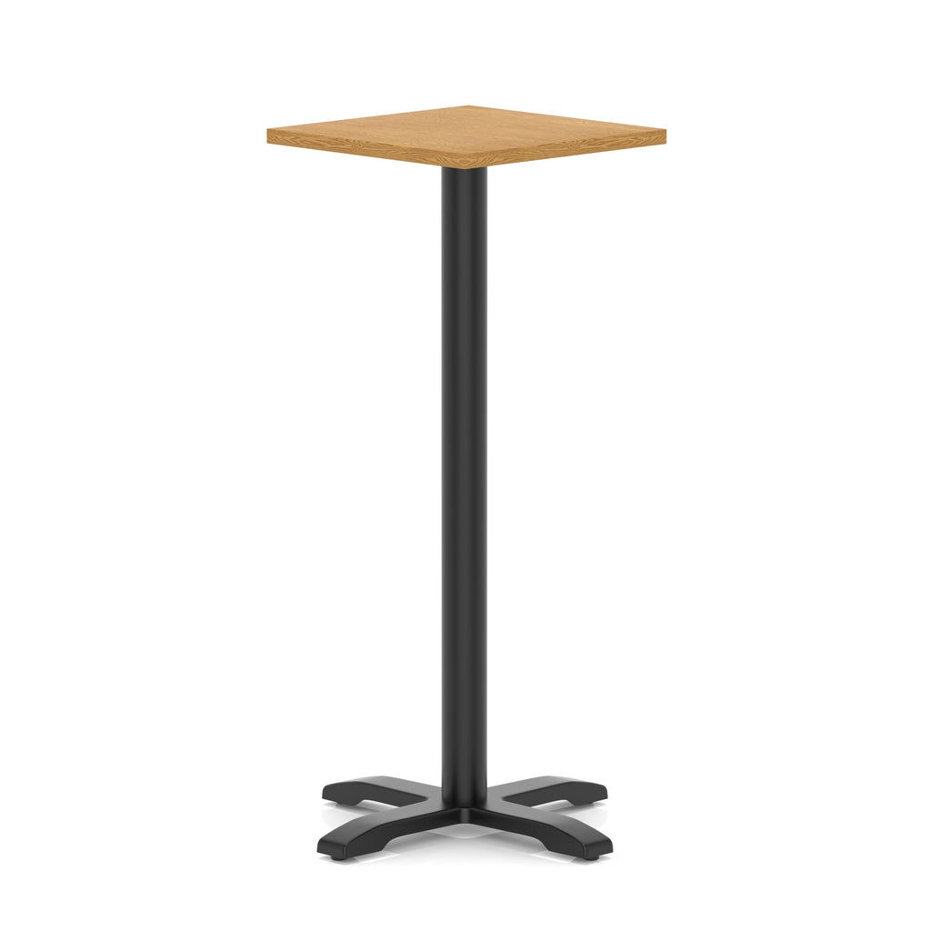 Square high table with wood-effect top and black metal base on a white background