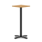 Square high table with wood-effect top and black metal base on a white background