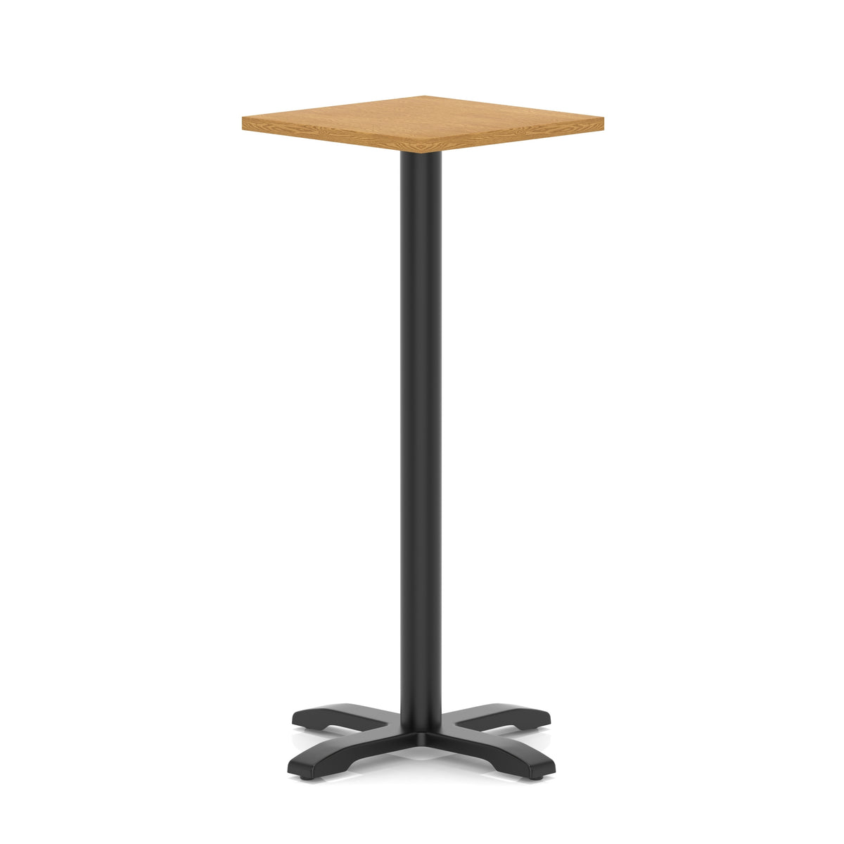 Square high table with wood-effect top and black metal base on a white background
