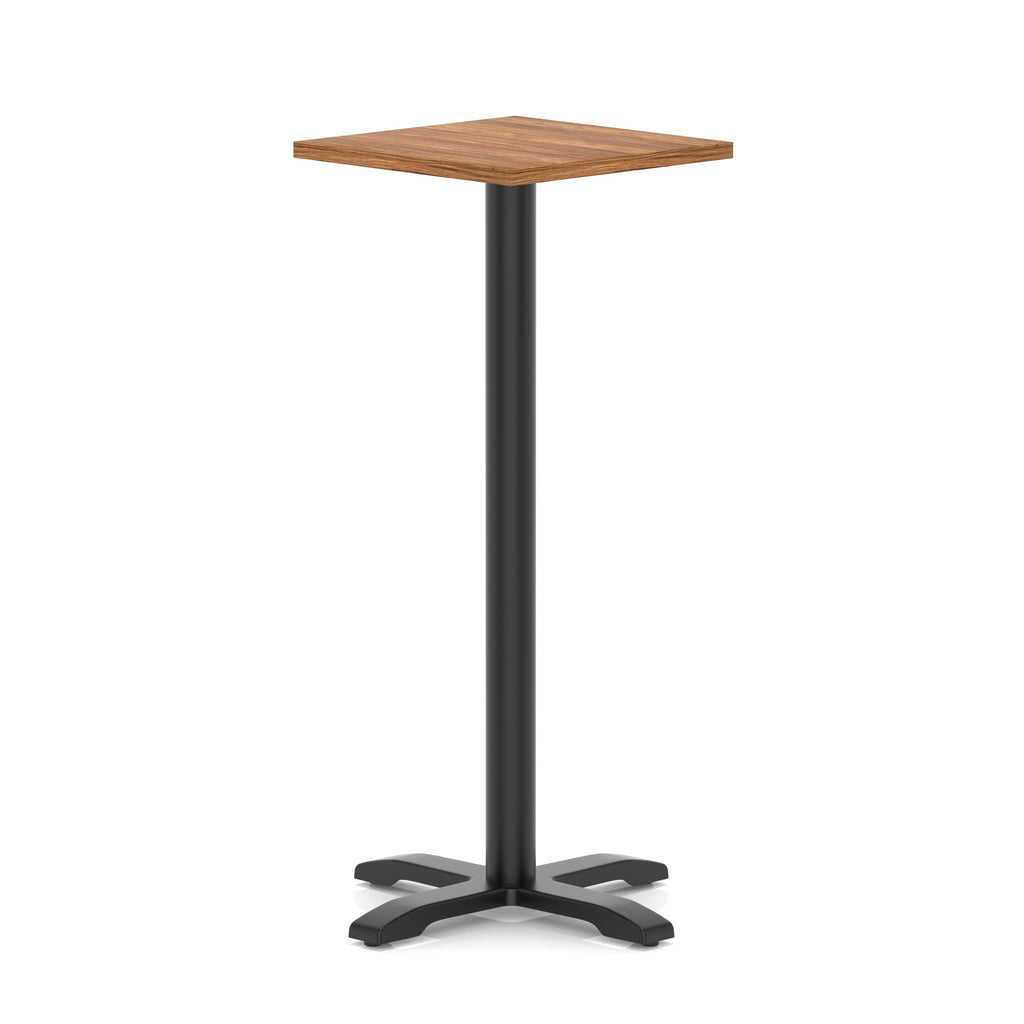 Square high table with wood-effect top and black metal base on a white background