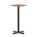 Square high table with wood-effect top and black metal base on a white background