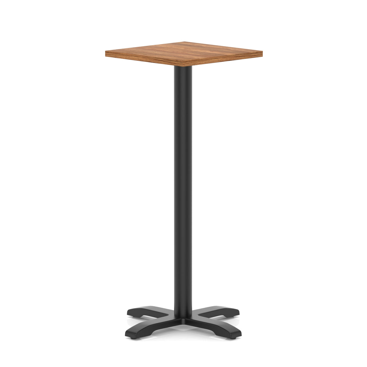 Square high table with wood-effect top and black metal base on a white background
