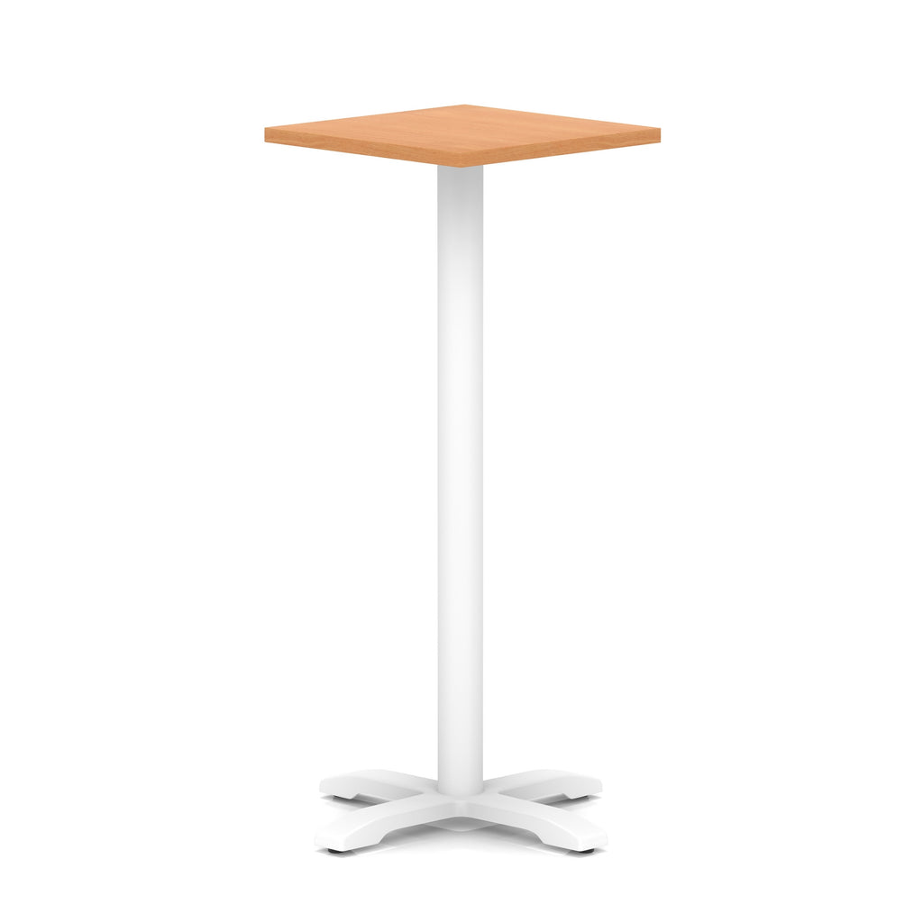 Square high table with wood-effect top and white metal base on a white background