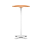 Square high table with wood-effect top and white metal base on a white background