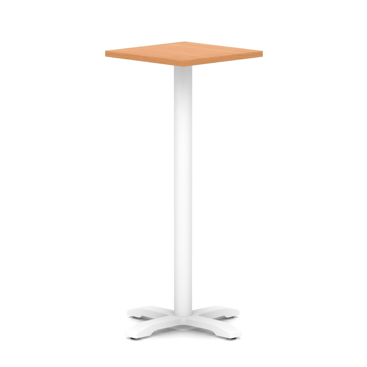 Square high table with wood-effect top and white metal base on a white background