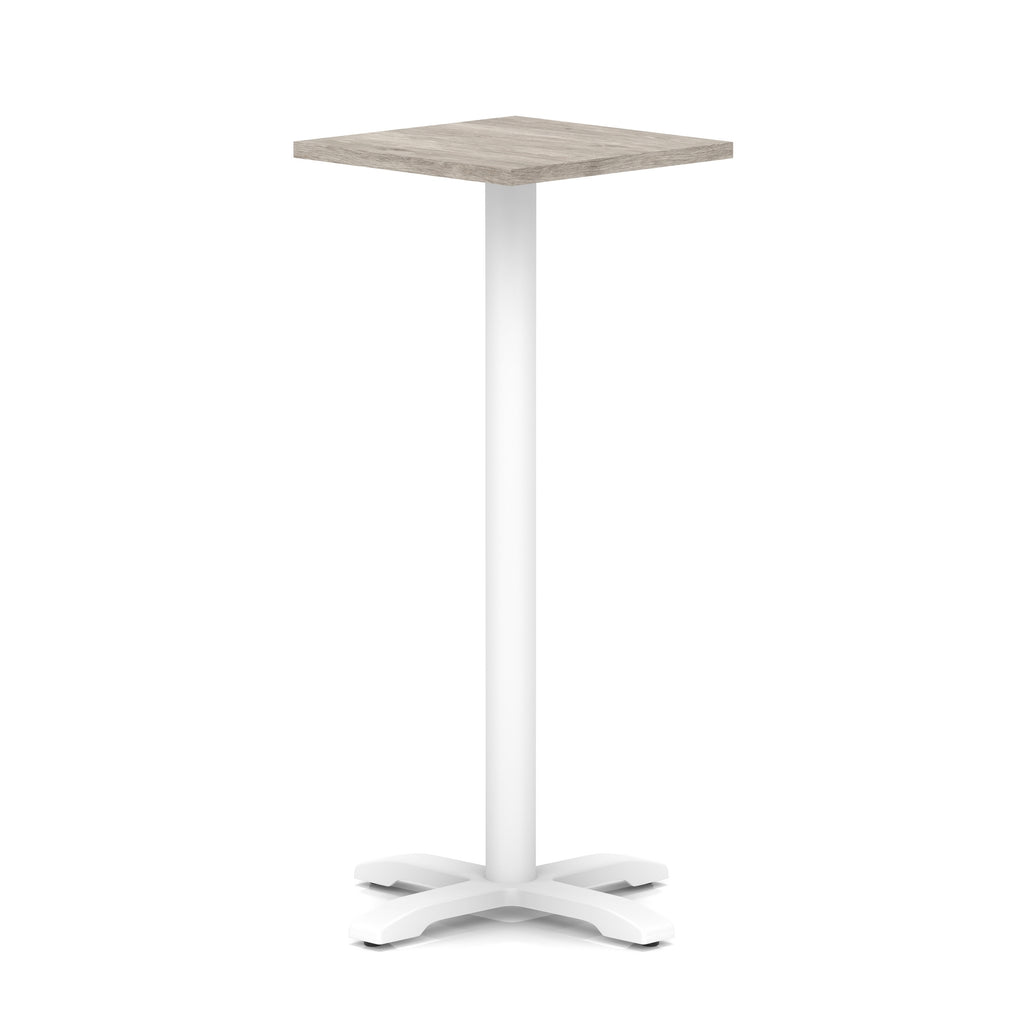 Square high table with grey wood-effect top and white metal base on a white background
