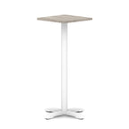 Square high table with grey wood-effect top and white metal base on a white background