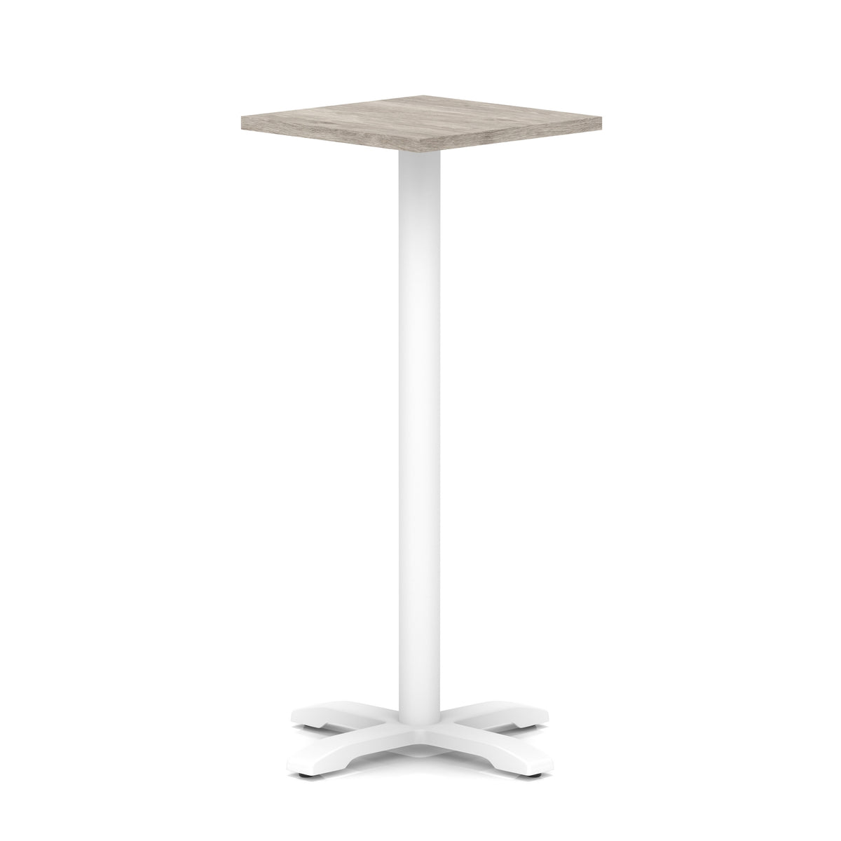 Square high table with grey wood-effect top and white metal base on a white background