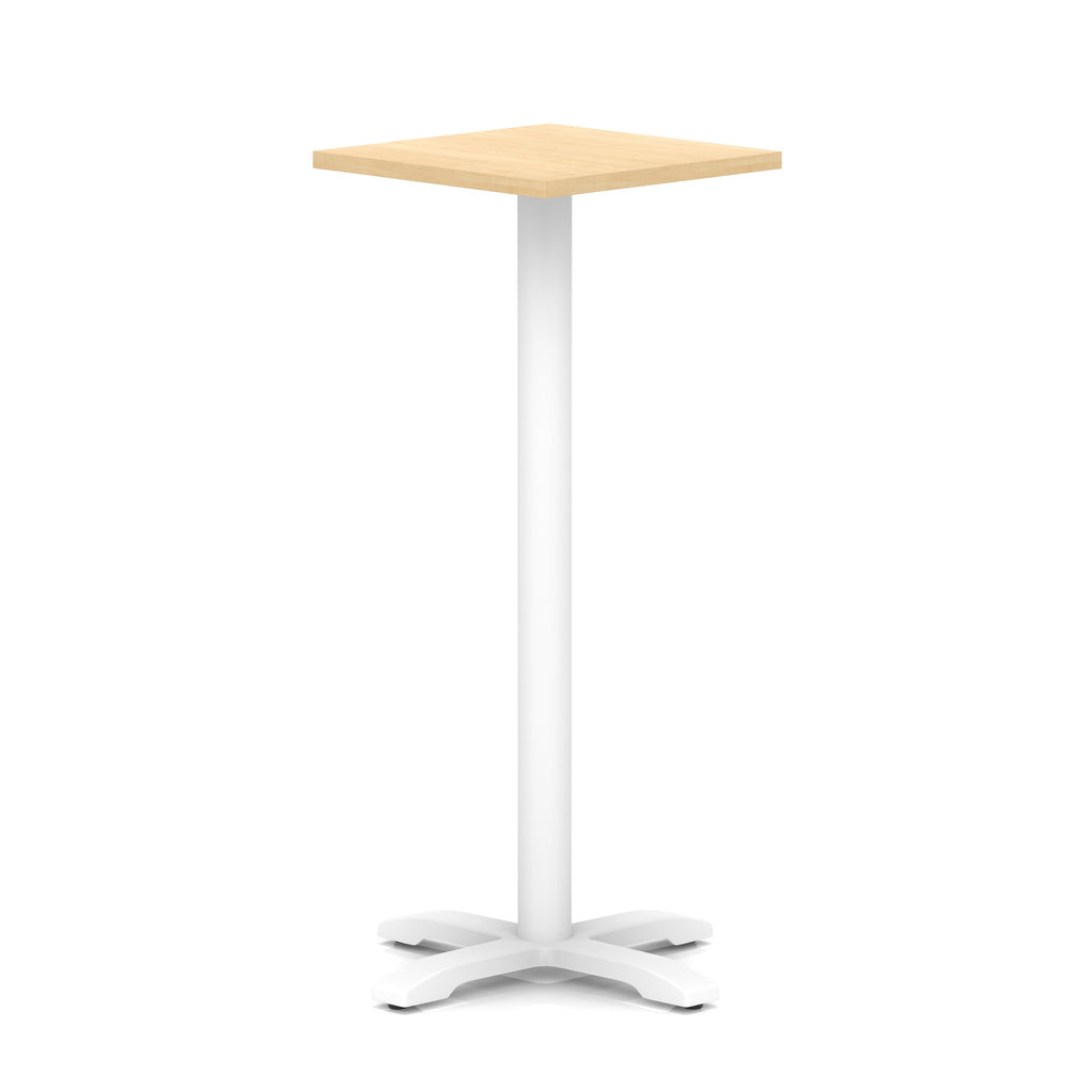 Square high table with wood-effect top and white metal base on a white background