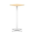 Square high table with wood-effect top and white metal base on a white background