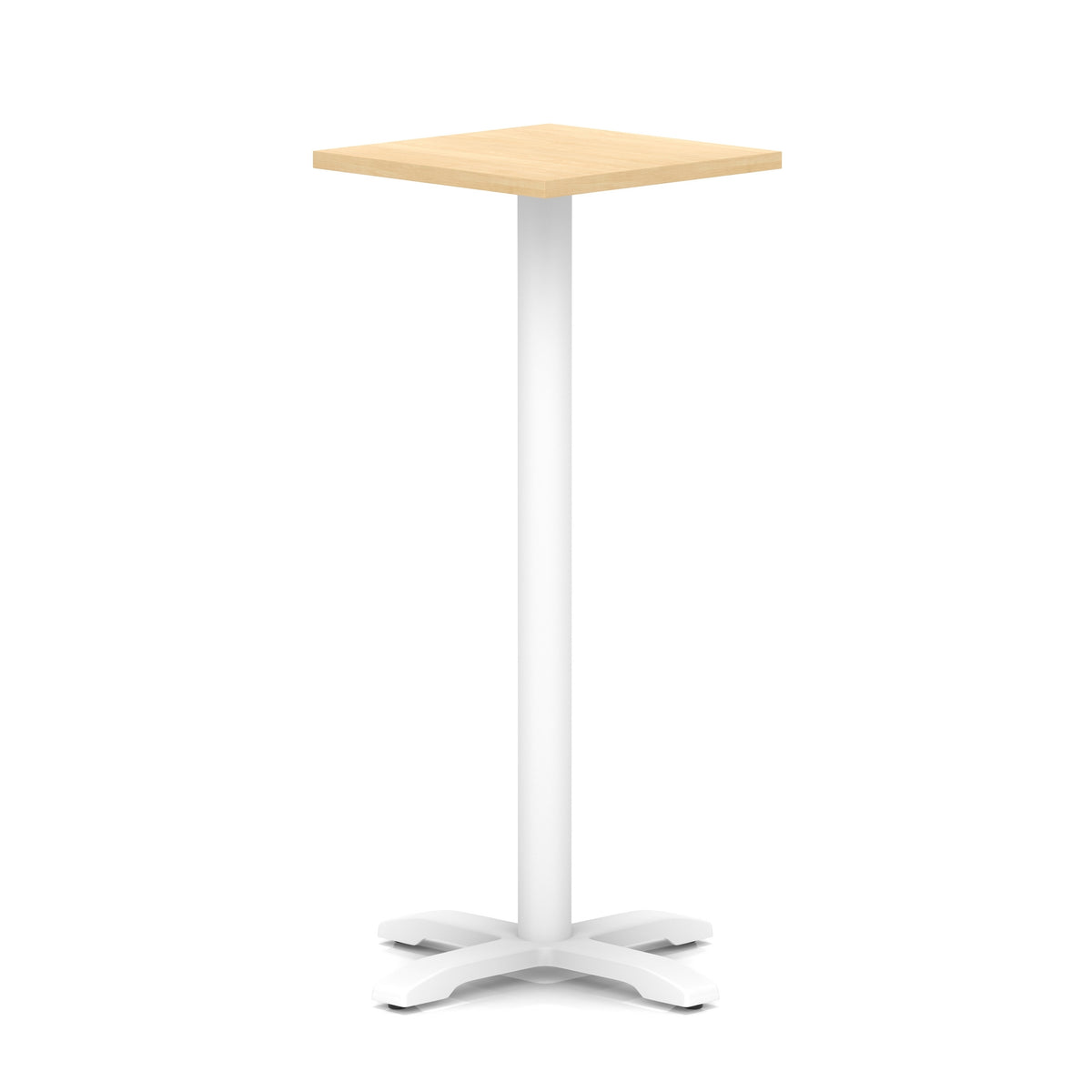 Square high table with wood-effect top and white metal base on a white background