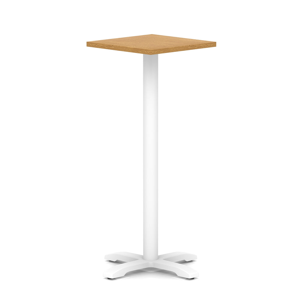 Square high table with wood-effect top and white metal base on a white background