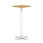 Square high table with wood-effect top and white metal base on a white background