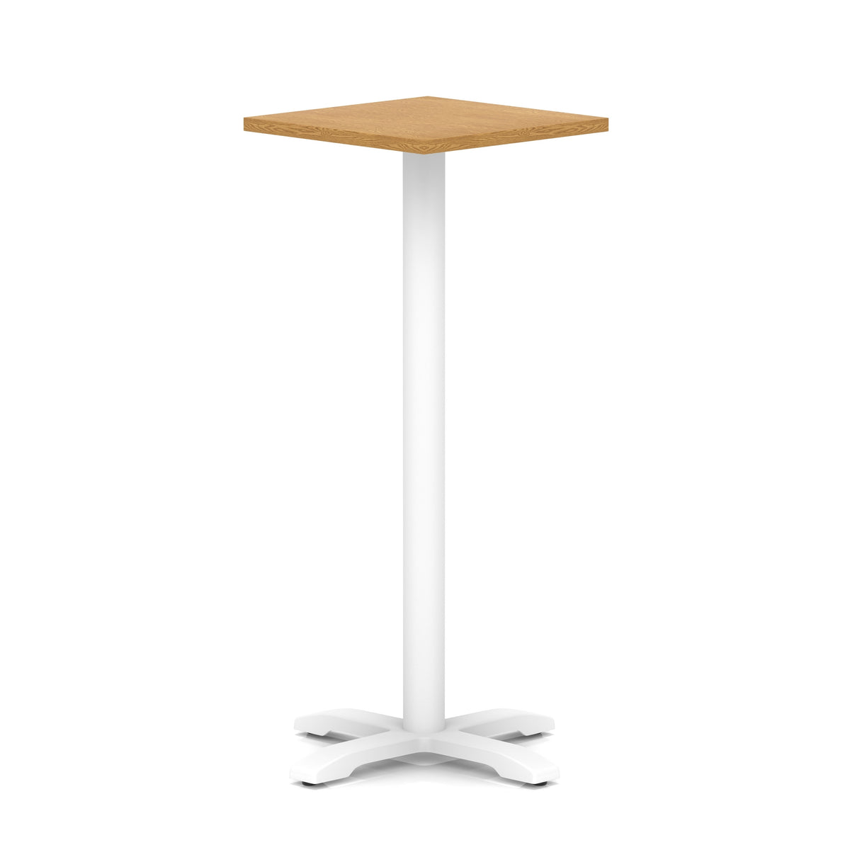 Square high table with wood-effect top and white metal base on a white background