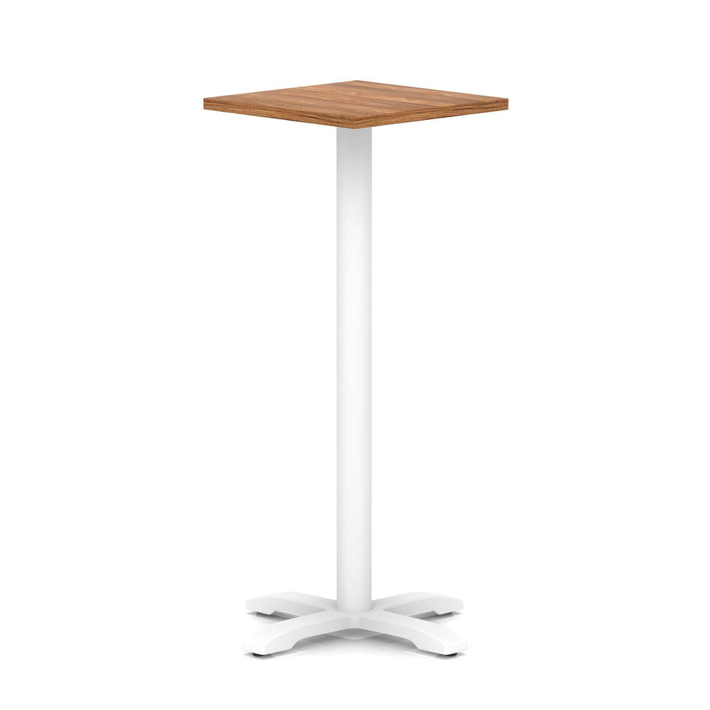 Square high table with wood-effect top and white metal base on a white background