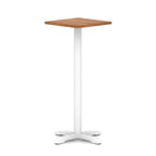 Square high table with wood-effect top and white metal base on a white background