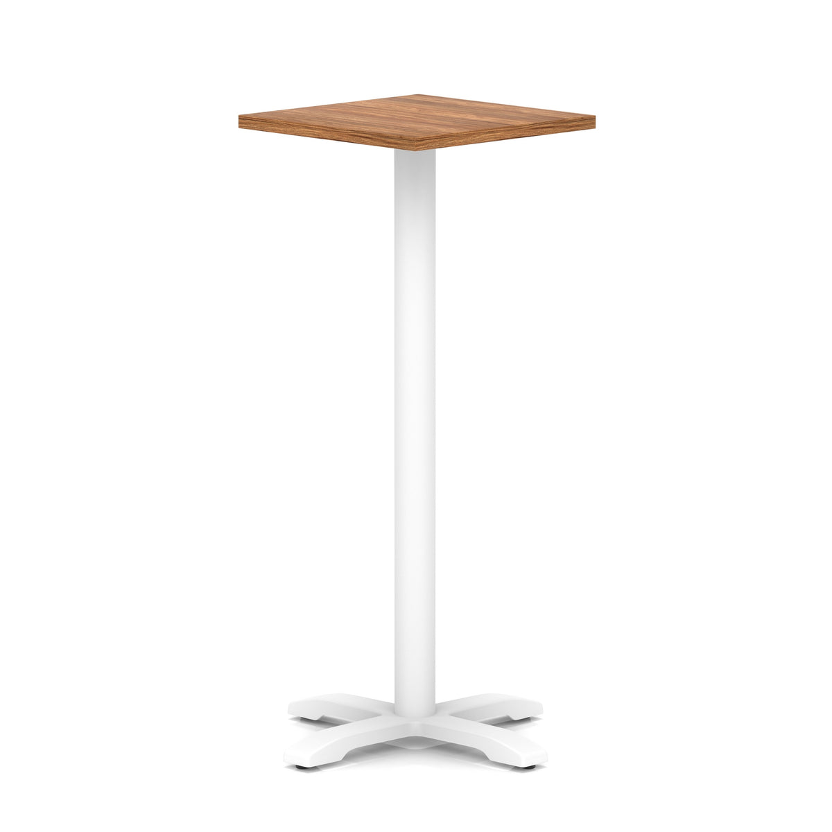 Square high table with wood-effect top and white metal base on a white background