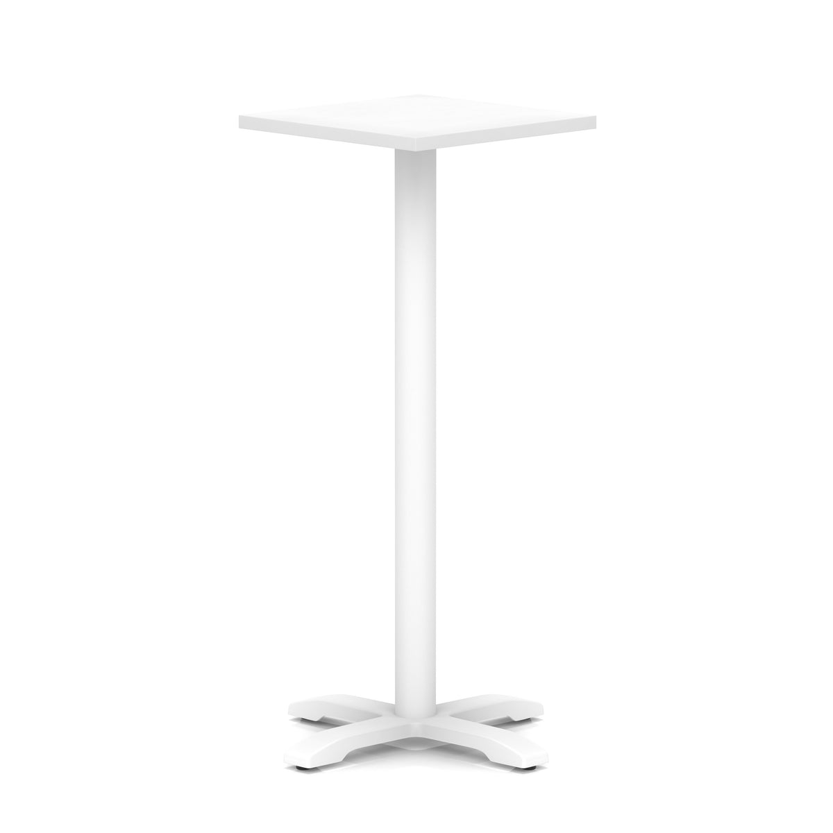 White high table with a square top and four legs on a white background