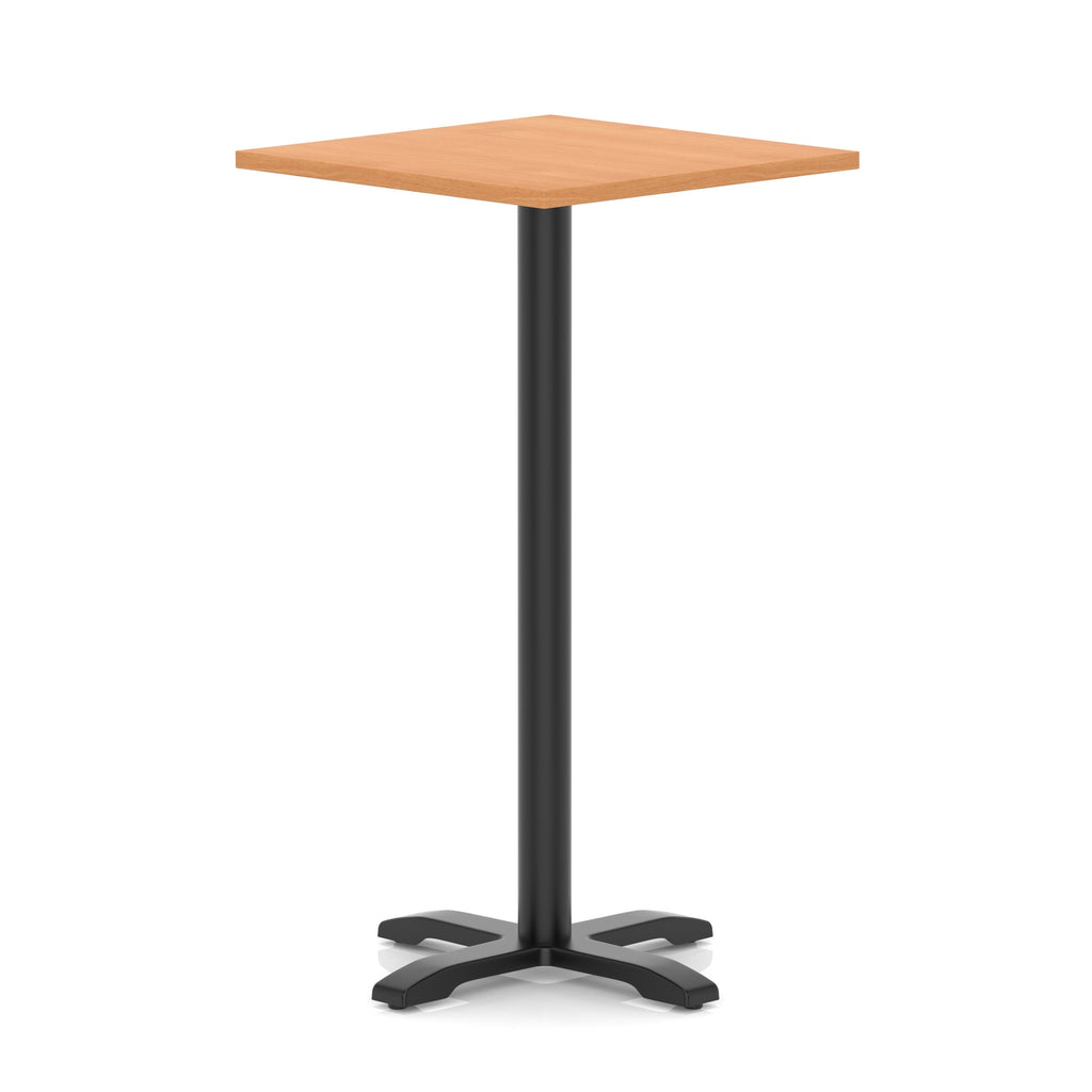 Square high table with grey wood-effect top and black metal base on a white background