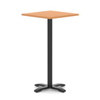 Square high table with grey wood-effect top and black metal base on a white background