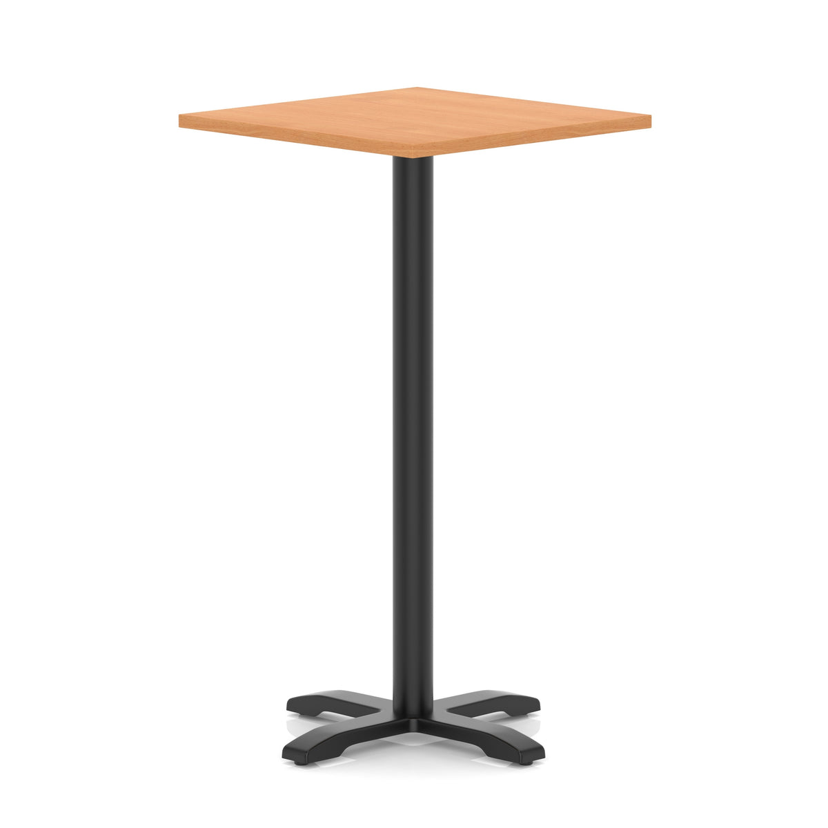 Square high table with grey wood-effect top and black metal base on a white background