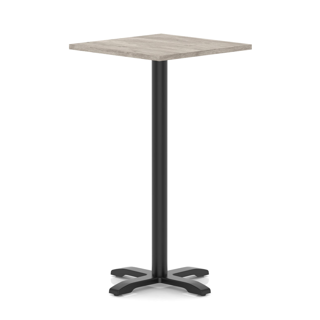 Square high table with grey wood-effect top and black metal base on a white background