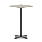 Square high table with grey wood-effect top and black metal base on a white background