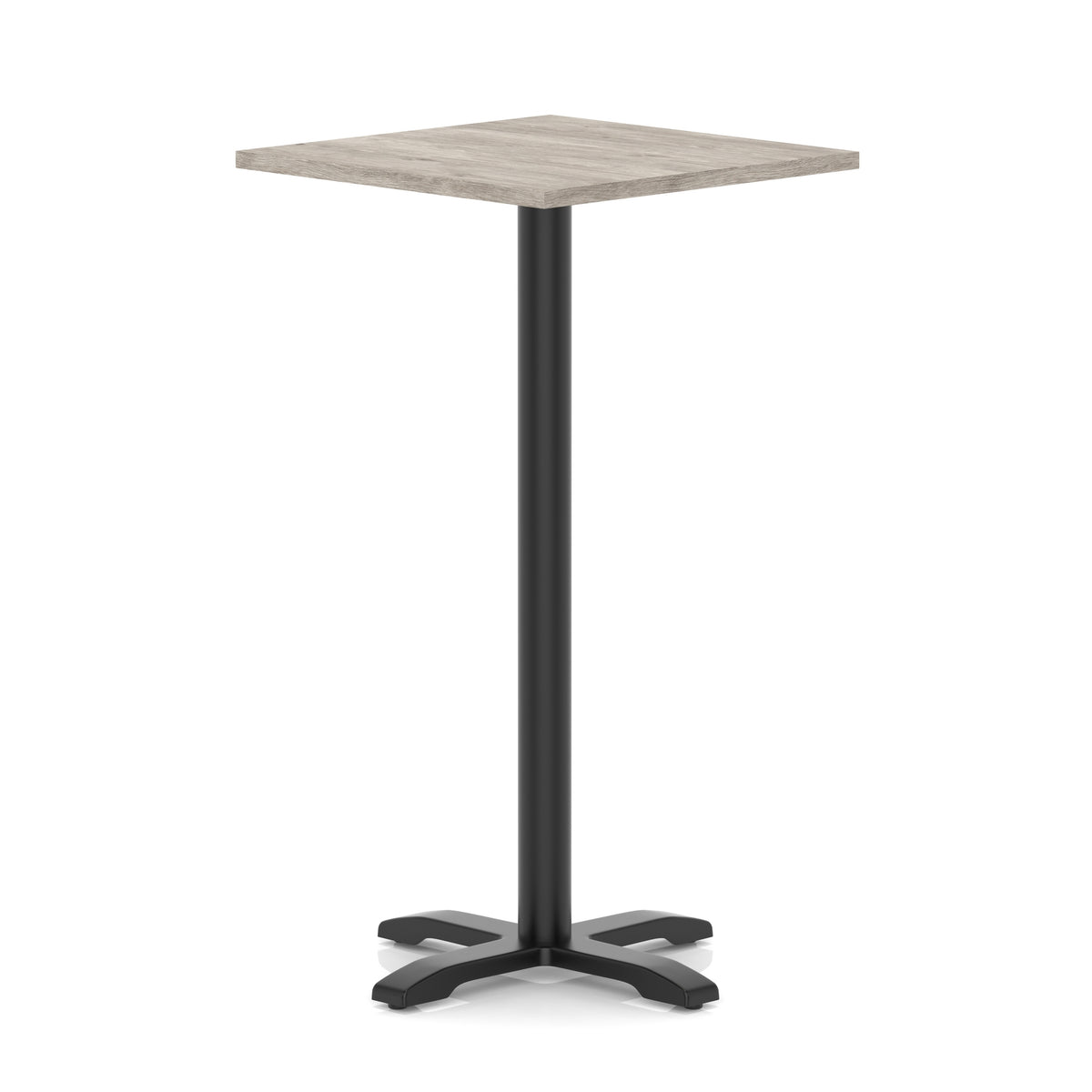Square high table with grey wood-effect top and black metal base on a white background