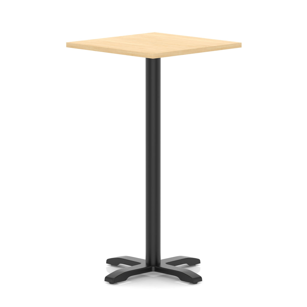 Square high table with wood-effect top and black metal base on a white background
