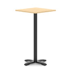 Square high table with wood-effect top and black metal base on a white background