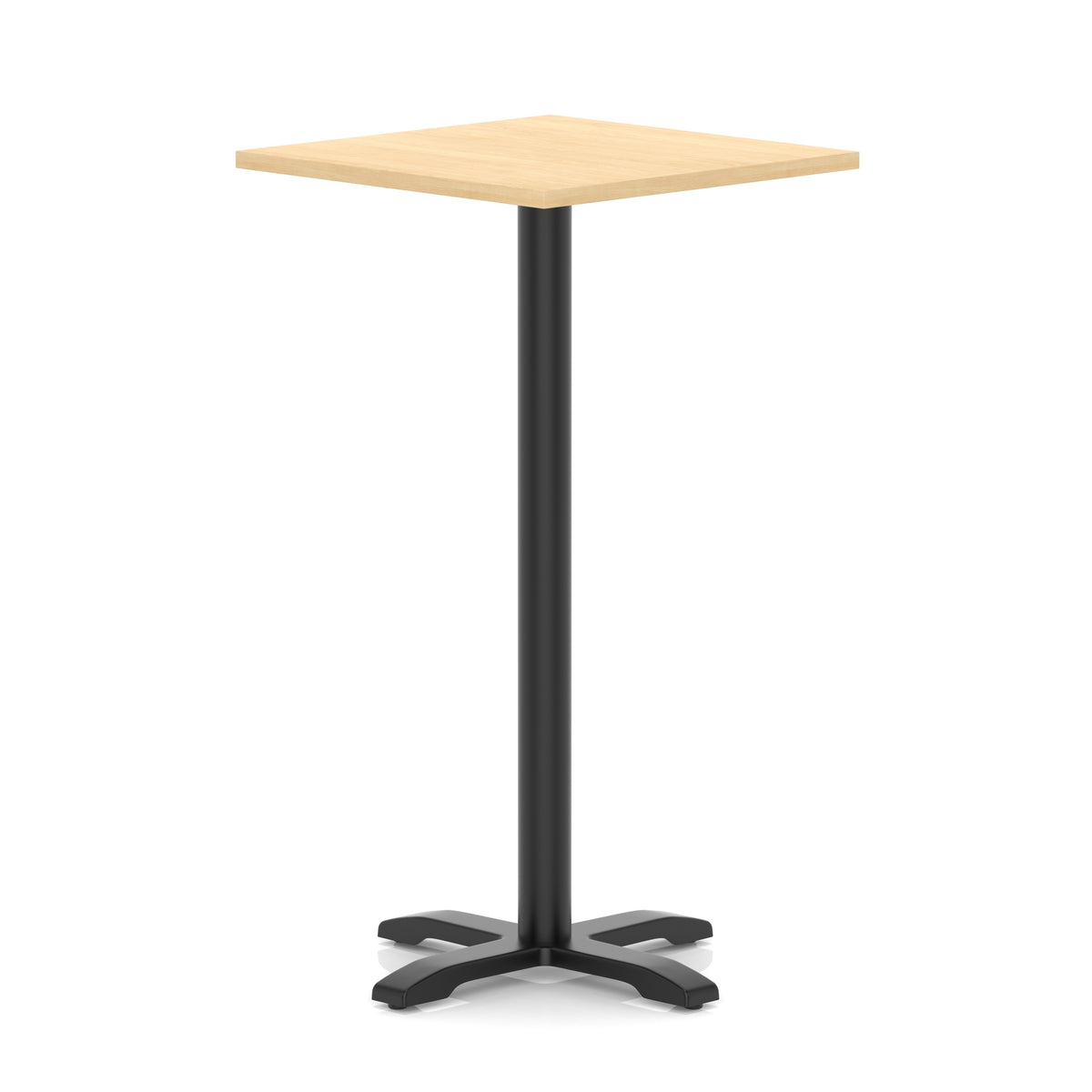 Square high table with wood-effect top and black metal base on a white background