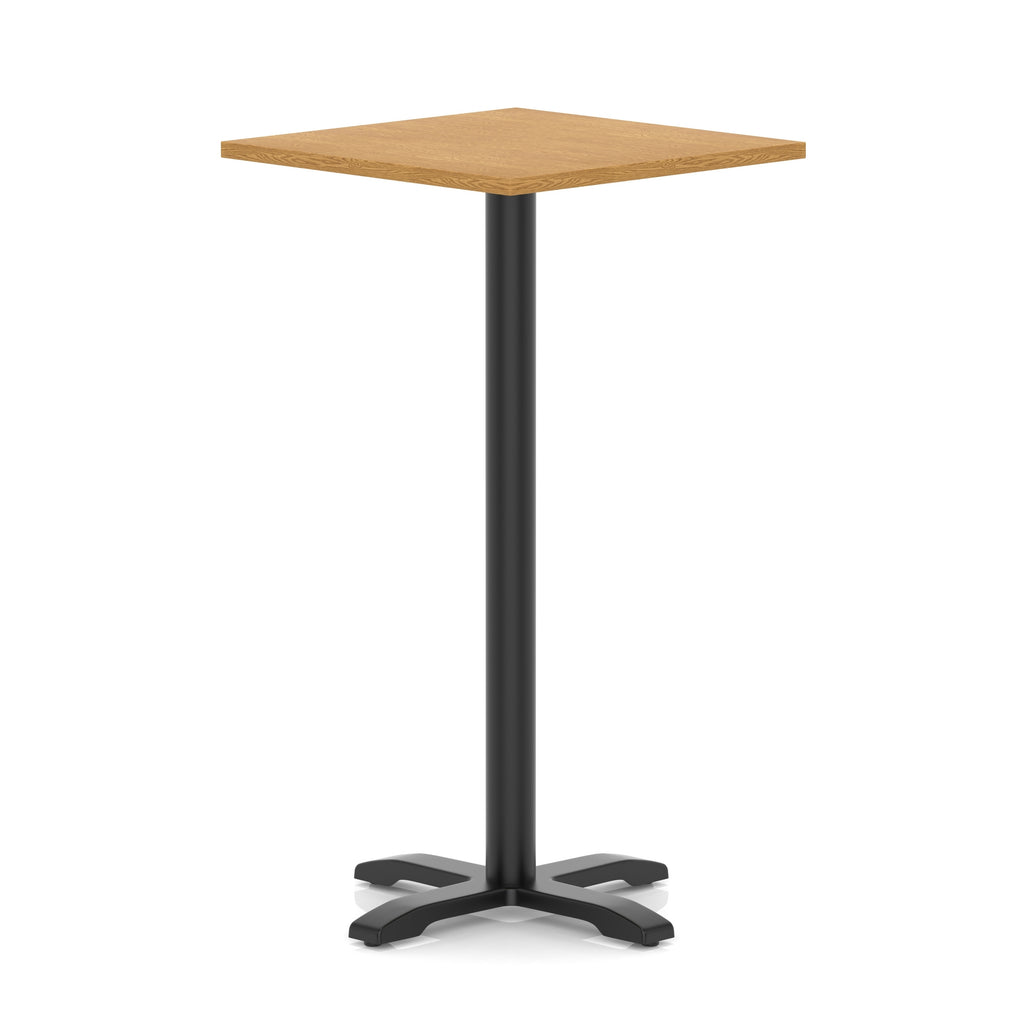 Square high table with wood-effect top and black metal base on a white background