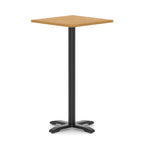 Square high table with wood-effect top and black metal base on a white background