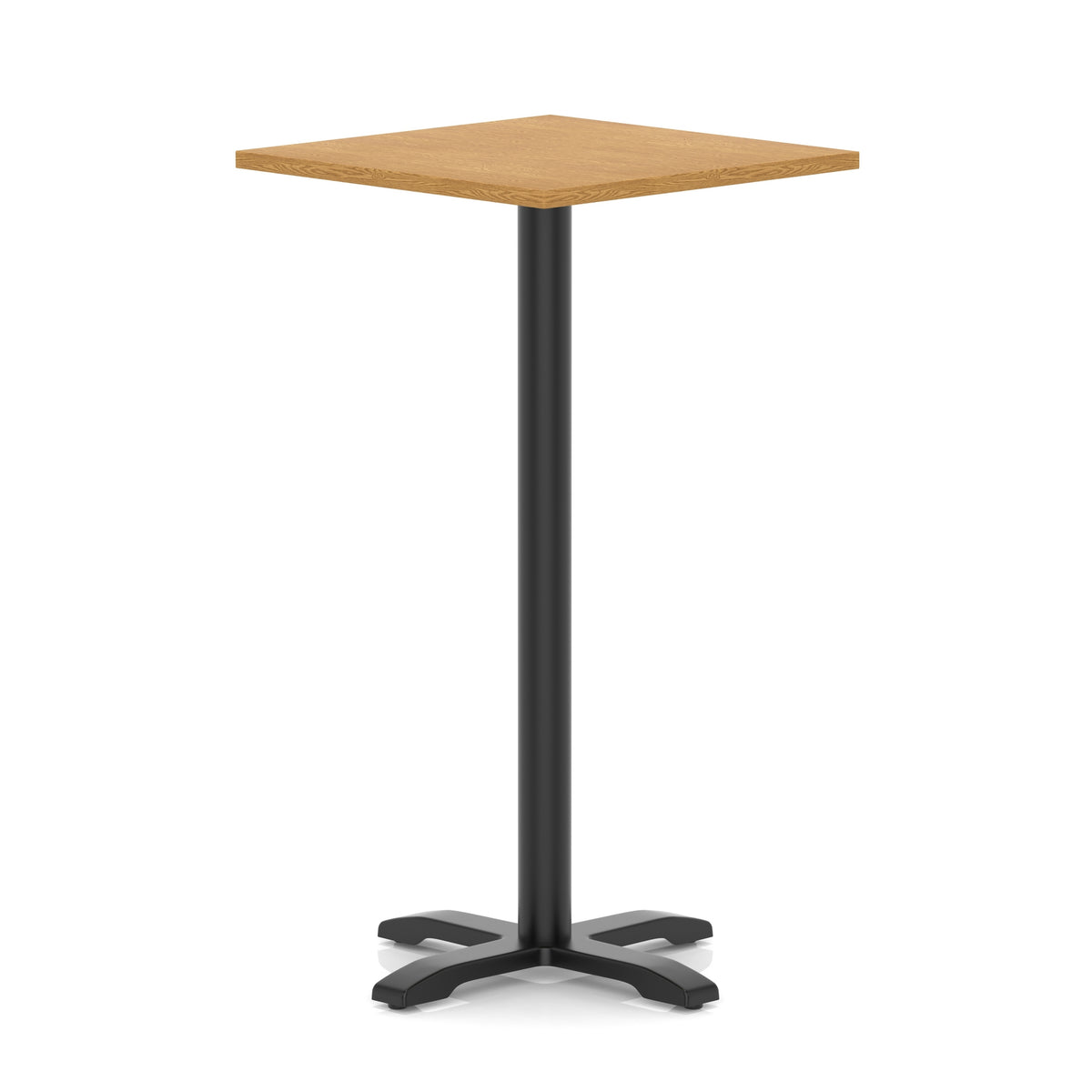 Square high table with wood-effect top and black metal base on a white background