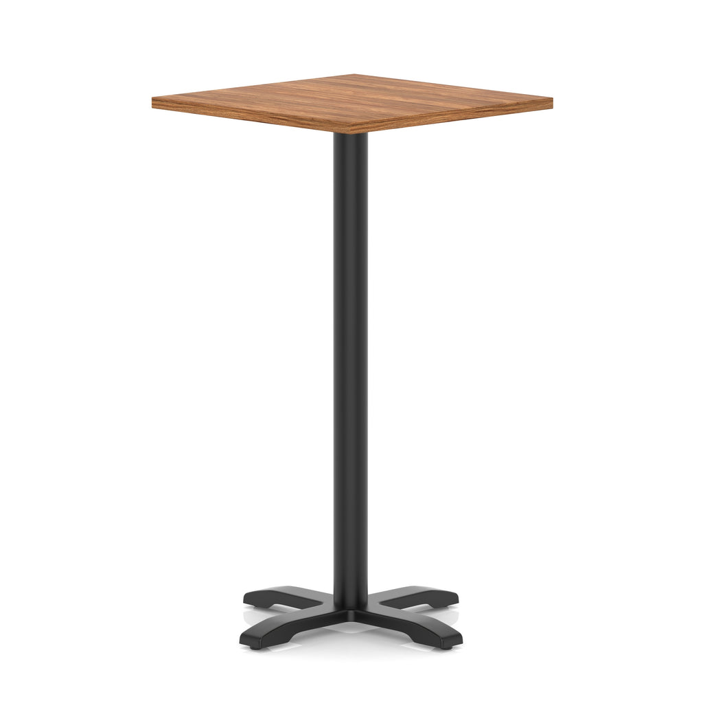 Square high table with wood-effect top and black metal base on a white background