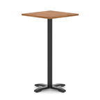 Square high table with wood-effect top and black metal base on a white background