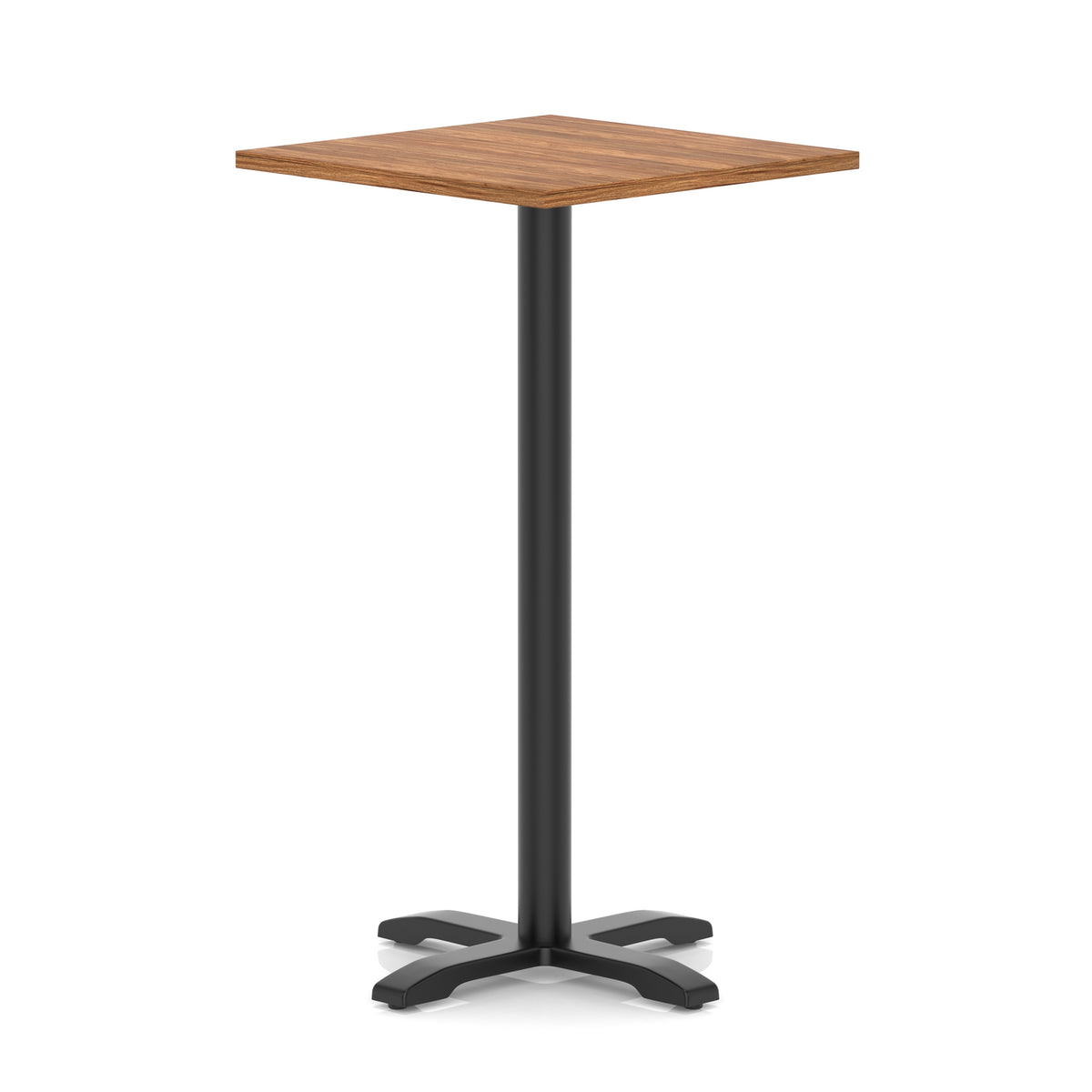 Square high table with wood-effect top and black metal base on a white background