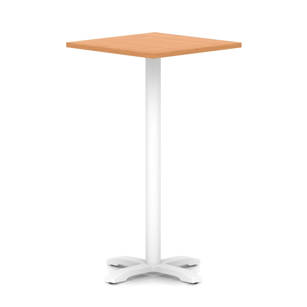 Square high table with wood-effect top and white metal base on a white background