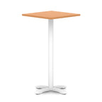 Square high table with wood-effect top and white metal base on a white background