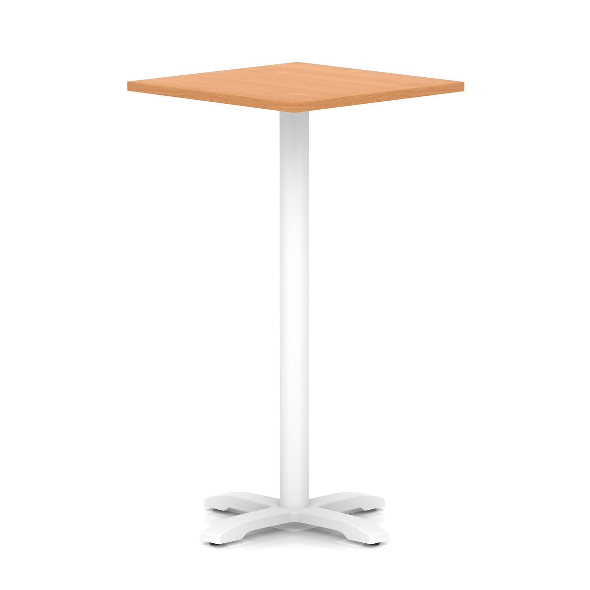 Square high table with wood-effect top and white metal base on a white background