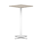 Square high table with grey wood-effect top and white metal base on a white background