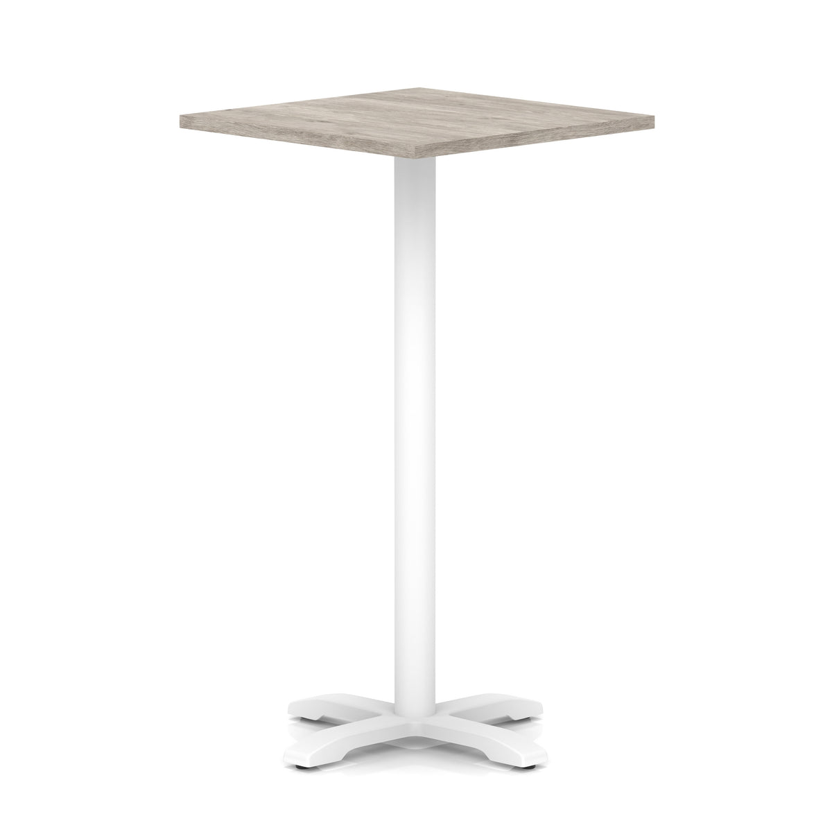 Square high table with grey wood-effect top and white metal base on a white background