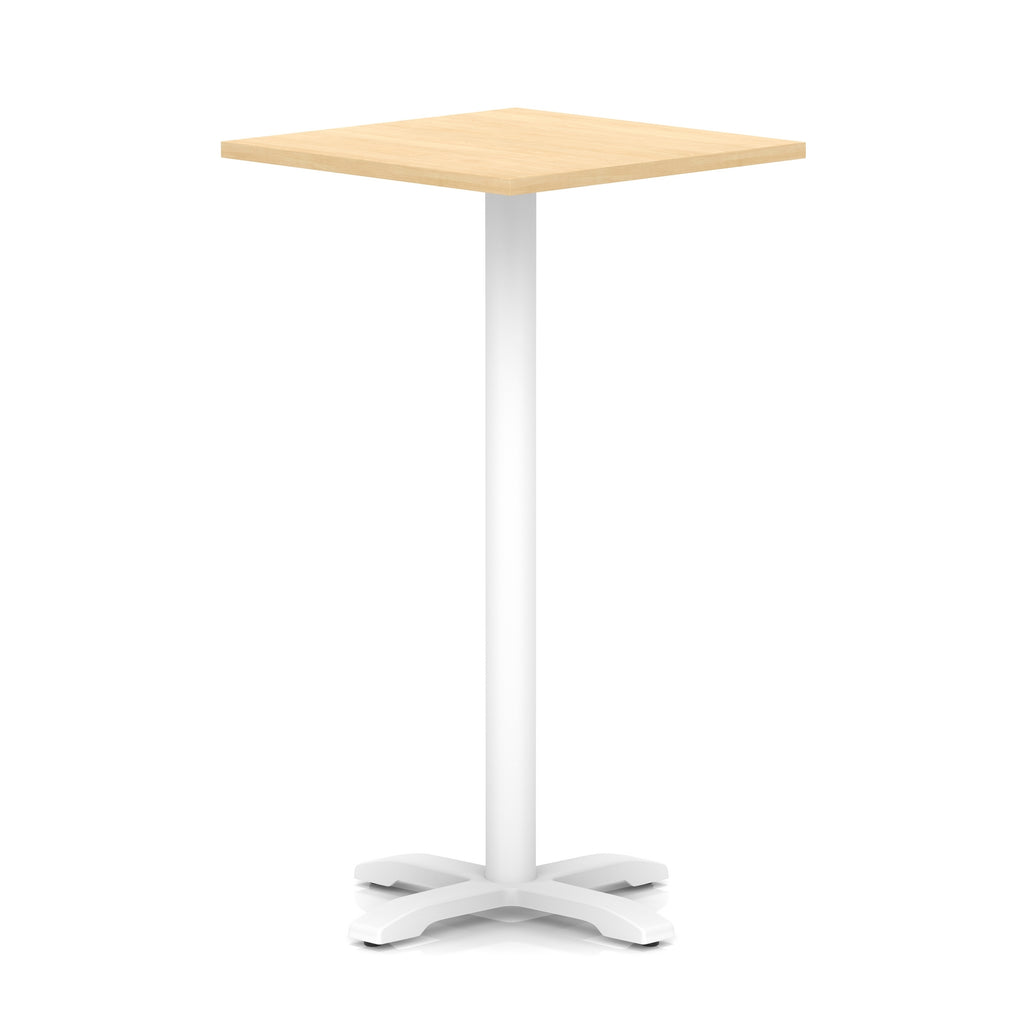 Square high table with wood-effect top and white metal base on a white background