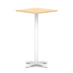 Square high table with wood-effect top and white metal base on a white background