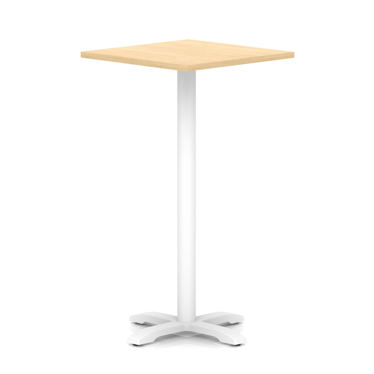 Square high table with wood-effect top and white metal base on a white background