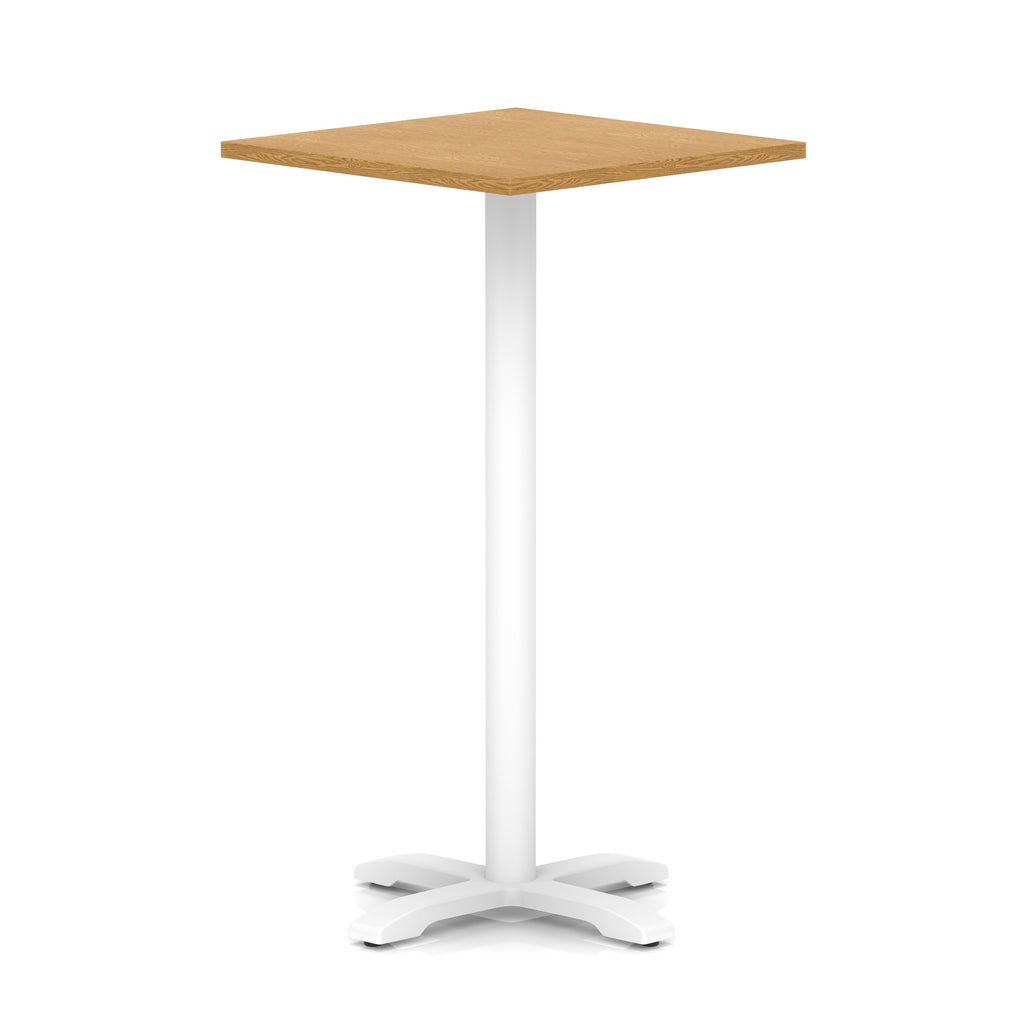 Square high table with wood-effect top and white metal base on a white background
