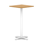 Square high table with wood-effect top and white metal base on a white background